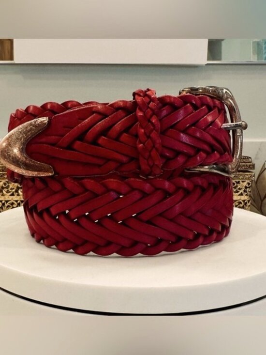 Brighton - Woven Leather Belt, Cranberry Red/Chunky Silver Details, VGUC, M